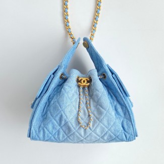 샤넬 25SS 워시드 데님 골드 메탈 라지 백 라이트 블루