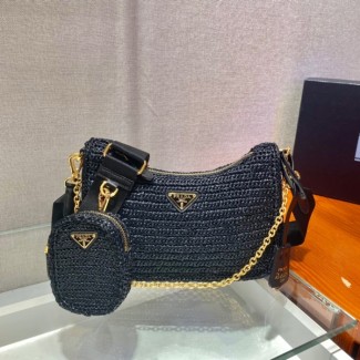 프라다 라피아 숄더백 블랙