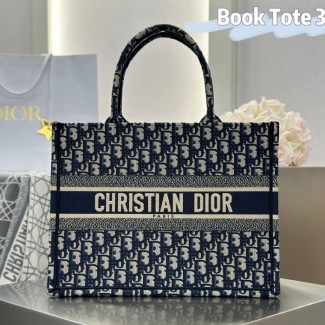 디올 미디엄 북 토트백 블루 오블리크 자수