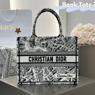 디올 미디엄 북 토트백 화이트 블랙 플랜 드 파리 자수