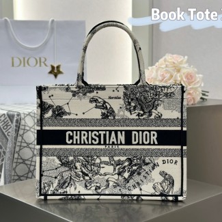 디올 미디엄 북 토트백 Toile de Jouy Zodiac 자수 라떼 블랙
