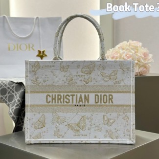 디올 미디엄 북 토트백 버터플라이 조디악 자수 골드 톤 화이트