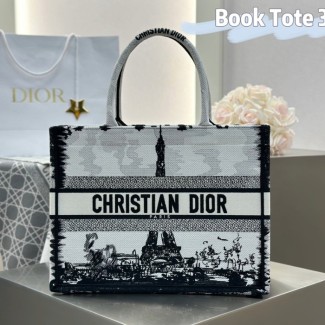 디올 미디엄 북 토트백 파리 자수 화이트 블랙