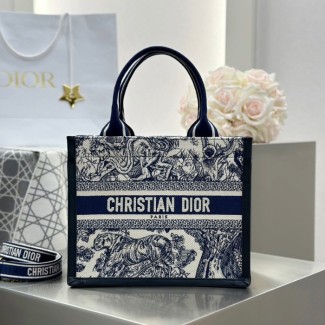디올 스몰 북 토트백 트왈 드 주이 소바쥬 자수 화이트 네이비 블루