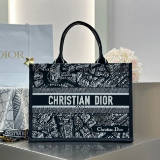디올 미디엄 북 토트백 블랙 화이트 플랜 드 파리 자수