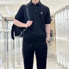 프라다 자수 로고 니트 카라 반팔티