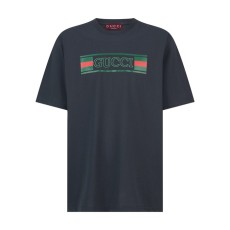 구찌 프린트 코튼 저지 티셔츠 네이비